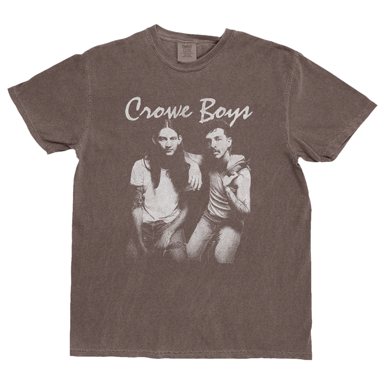 crowe boys brown short sleeve tee featuring a portrait of the band