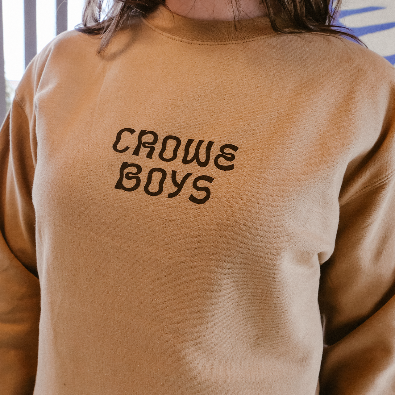 crowe boys tan mushroom crewneck on model