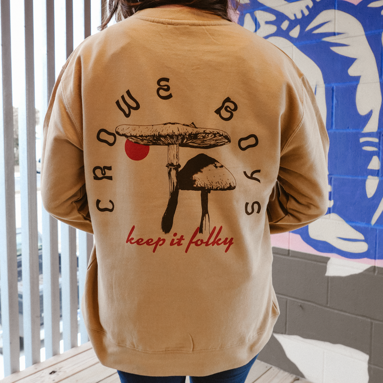 crowe boys tan mushroom crewneck back on model