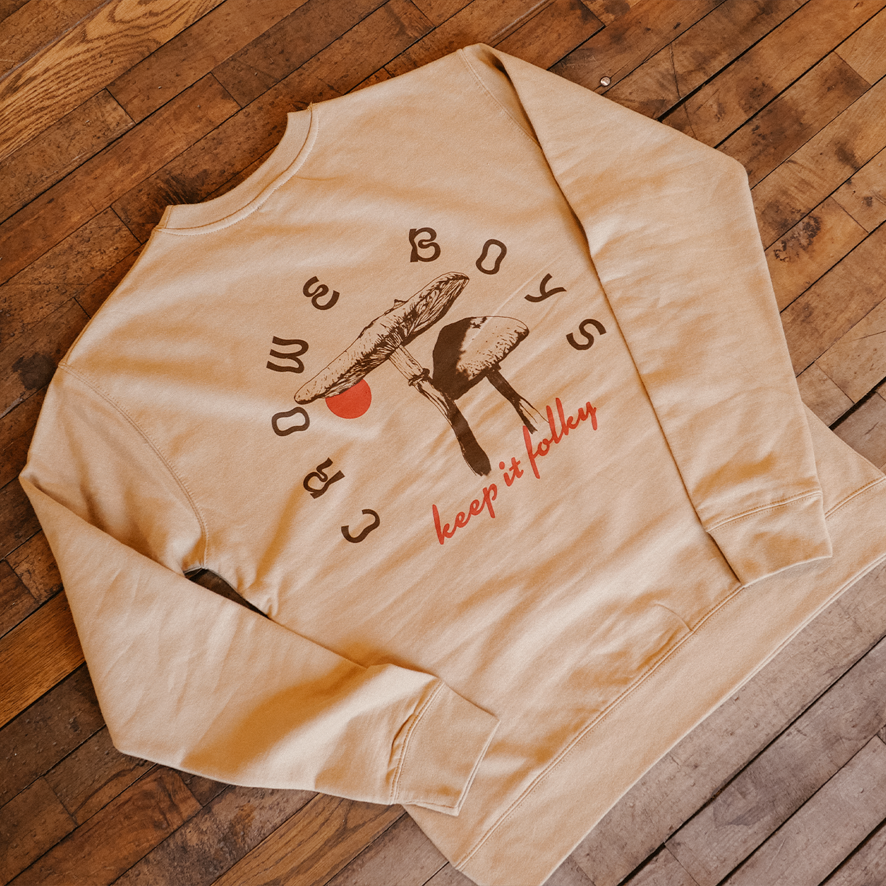 crowe boys tan mushroom crewneck back on wooden floor