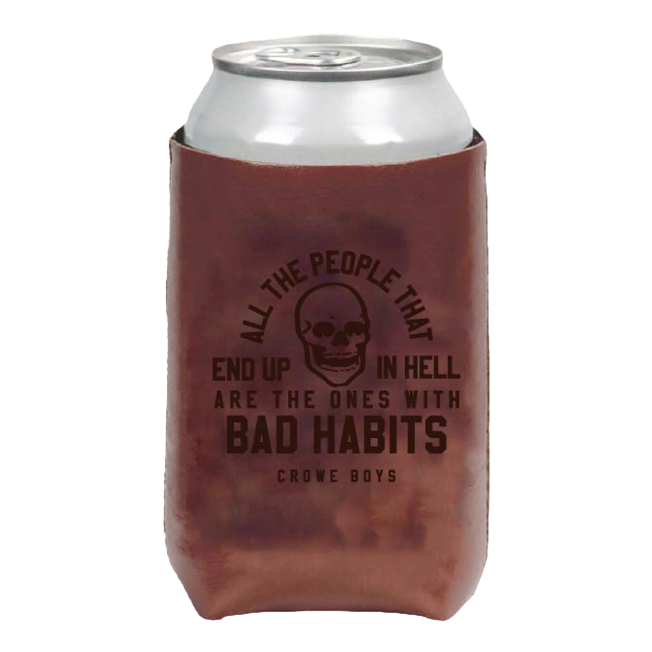 crowe boys brown leather koozie