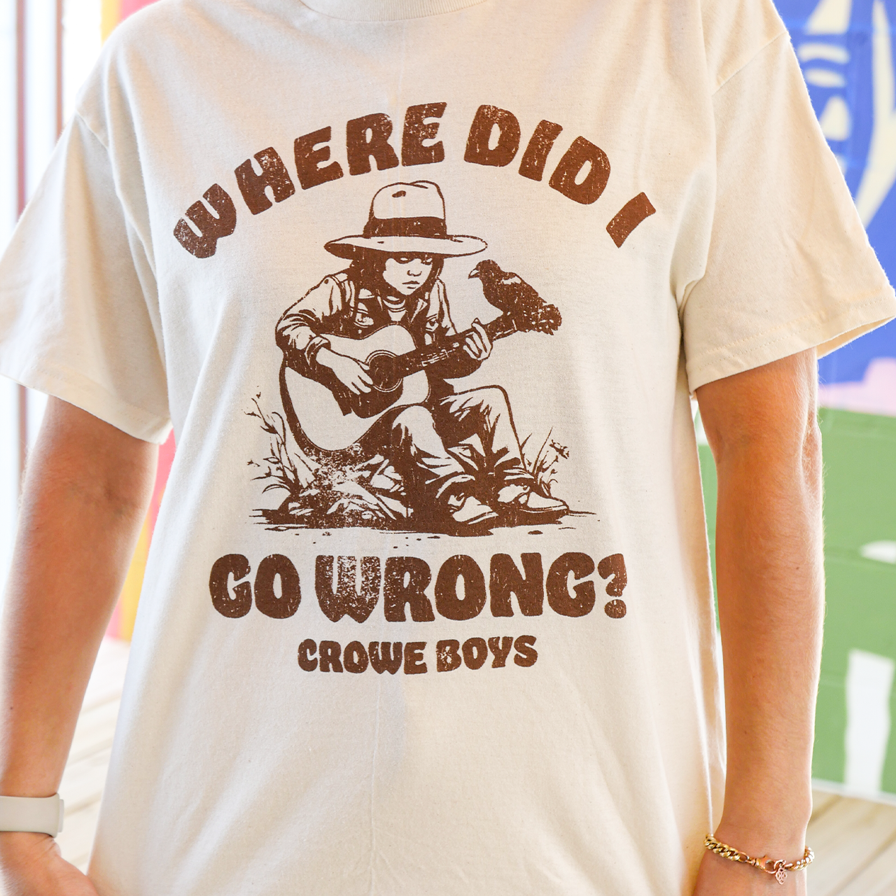crowe boys cream where did I go wrong short sleeve tee featuring a musician on model