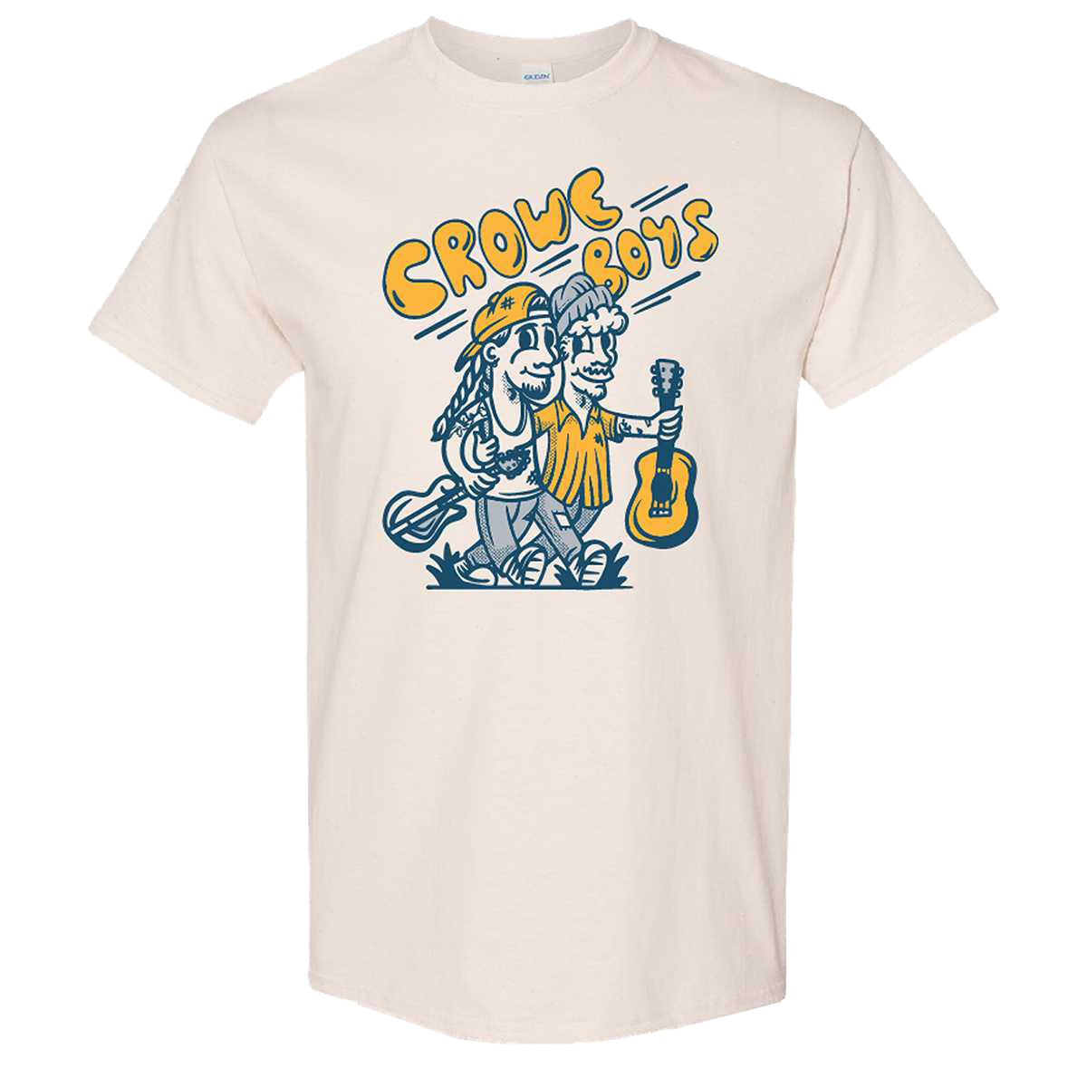 crowe boys cream short sleeve tee featuring a cartoon portrait of the brothers